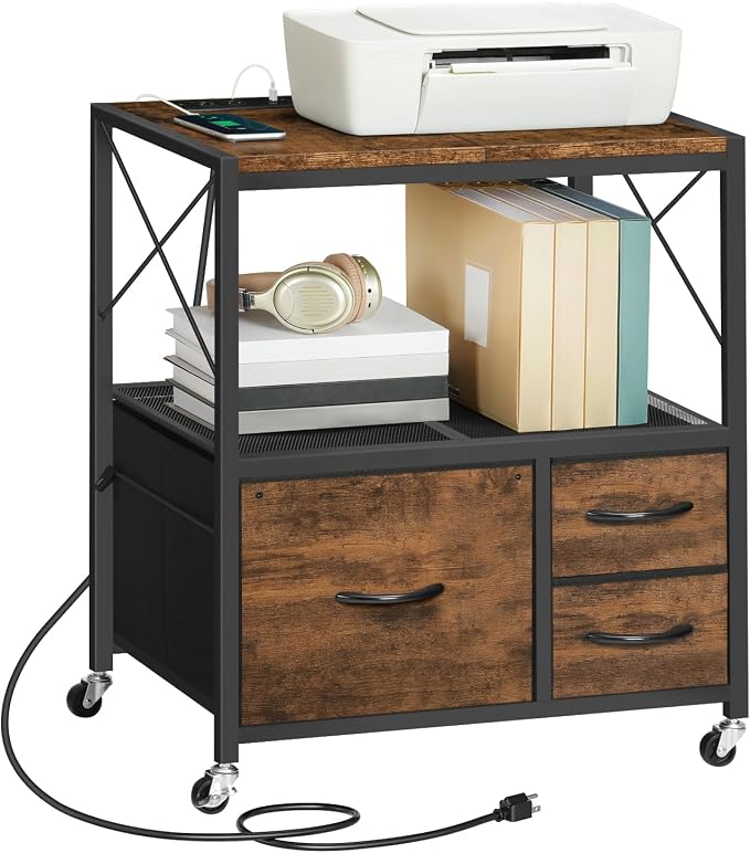 MAHANCRIS File Cabinet with Charging Station, 3 Drawer Lateral Filing Cabinet for Home Office, Mobile Printer Stand with Open Shelf, Fits A4/Letter Size File, Nonwovens Drawer, Rustic Brown FCHR98E01