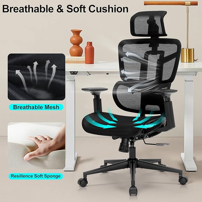 Ergonomic Office Chair, Desk Chair with Adjustable Height, Lumbar Support, High Back Mesh Computer Chairs with Flip up Armrests Support Home Gmaing Desk Chair, 360°Swivel, Tilt Lock and Wide Cushion