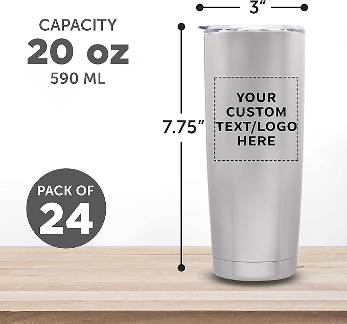 Custom Pipette Stainless Steel Coffee Tumblers 20 oz. Set of 24, Personalized Bulk Pack - Double Wall, Perfect for Coffee, Hot Cocoa, Other Hot & Cold Beverages - Silver