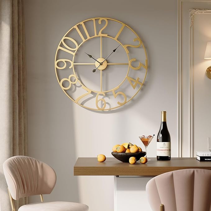 Extra Large Wall Clock 36 Inch Gold Wall Clock Battery Operated, Decorative Gold Clocks Silent Non Ticking for Living Room Kitchen Mantel Decor, Metal Round Modern Clock Arabic Numerals