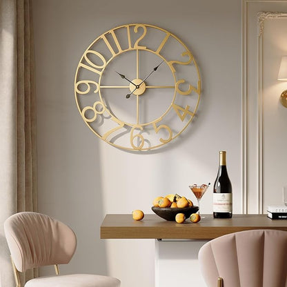 Extra Large Wall Clock 36 Inch Gold Wall Clock Battery Operated, Decorative Gold Clocks Silent Non Ticking for Living Room Kitchen Mantel Decor, Metal Round Modern Clock Arabic Numerals
