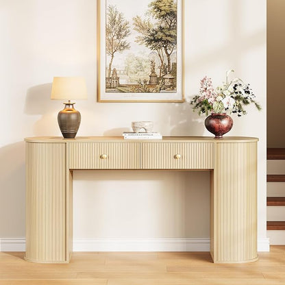 59" Fluted Console Table with 2 Drawers - Wood Entryway Table with Storage, Long Modern Sofa Tables Behind Couch with Curved Leg for Living Room, Entry, Hallway, Entrance, Foyer, Natural