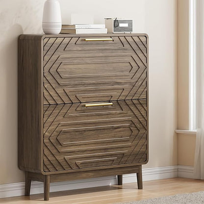 Shoe Cabinet with Fluted Flip Drawers, 31.5" w Narrow Shoe Storage Cabinet for Entryway, Hidden Freestanding Shoe Organizer Rack Cabinet
