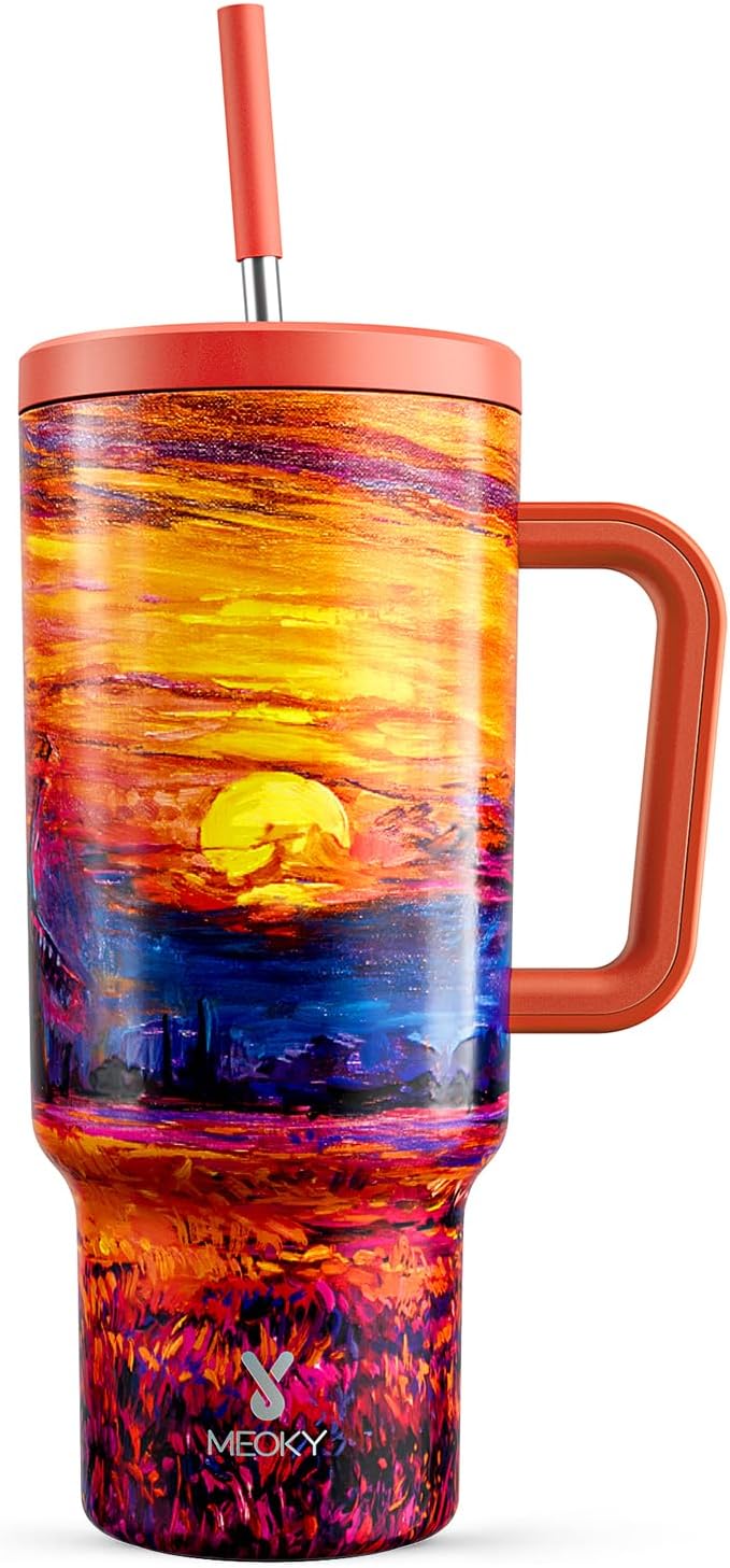 Meoky 40 oz Tumbler with Handle and Straw: Stainless Steel Insulated Tumbler with Lid and Straw - 100% Leak Proof Tumbler for Car Cup Holders - Travelers Commuters Workers, Sunrise