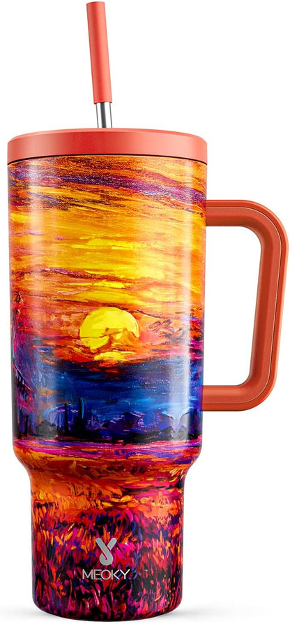 Meoky 40 oz Tumbler with Handle and Straw: Stainless Steel Insulated Tumbler with Lid and Straw - 100% Leak Proof Tumbler for Car Cup Holders - Travelers Commuters Workers, Sunrise