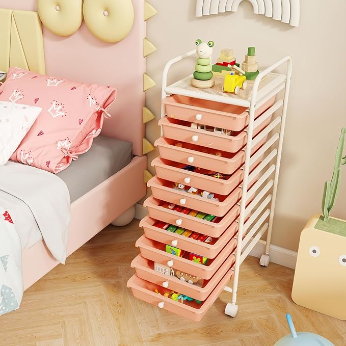 RELAX4LIFE 10 Drawer Rolling Cart - Slim Storage Cart w/Lockable Wheels for Classroom School Teacher Office, Art Supplies Paper Scrapbook Craft Organizers, Utility Cart with Drawers (Peach Pink)