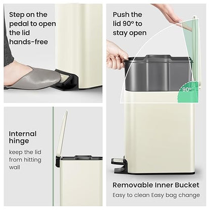 Cesun Small Bathroom Trash Can with Lid Soft Close, Step Pedal, 6 Liter / 1.6 Gallon Stainless Steel Garbage Can with Removable Inner Bucket, Anti-Fingerprint Finish (Creamy White)