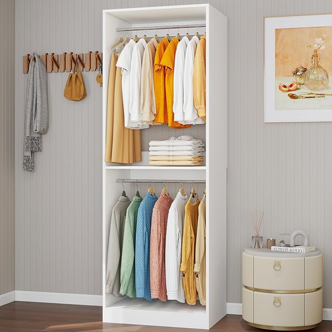 Closet System with 3 Hanging Rods& Shelf , 2FT Small Closet Organizer System Wood with Extra Side Hanging Rod for Walk in Closet Storage, Modular Closet Systems, White(2FT)