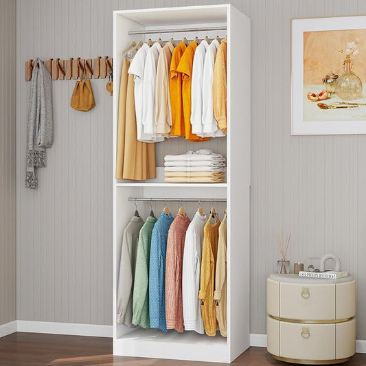 Closet System with 3 Hanging Rods& Shelf , 2FT Small Closet Organizer System Wood with Extra Side Hanging Rod for Walk in Closet Storage, Modular Closet Systems, White(2FT)