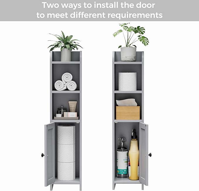 Homhedy Small Bathroom Storage Corner Floor Cabinet with Door and Shelves, Beside The Toilet Paper Stand for Skinny, Narrow Toilet Paper Cabinet, 7.9" D x 7.1" W x 31" H, Gray