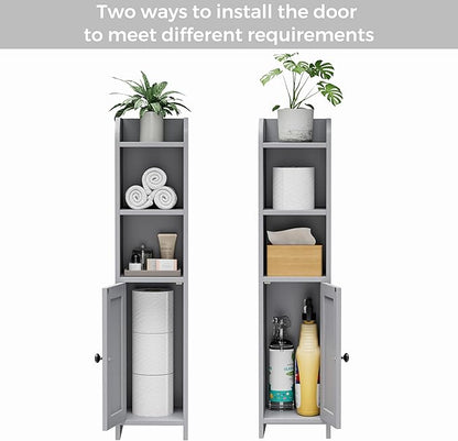 Homhedy Small Bathroom Storage Corner Floor Cabinet with Door and Shelves, Beside The Toilet Paper Stand for Skinny, Narrow Toilet Paper Cabinet, 7.9" D x 7.1" W x 31" H, Gray