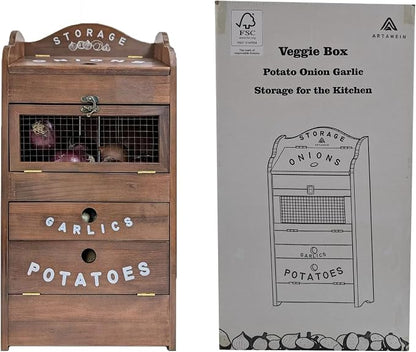 ARTAWEIN Pine Wood Veggie Bin for Potato, Onion and 1 Garlic Drawer Vegetable Box for Kitchen Storage, Solid Wood Vegetable Bin 13.77" L X 7.1" W X 29.3" H (Rustic Walnut)