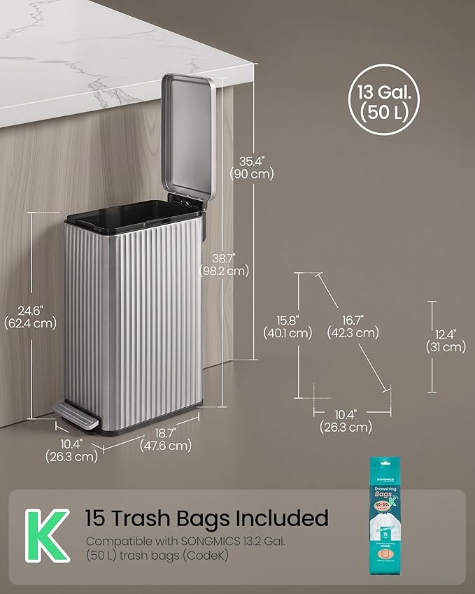 SONGMICS Trash Can, 13 Gallon (50 L) Slim Garbage Can for Kitchen, with Soft-Close Lid, Pedal, Removable Inner Bucket, Stainless Steel, 15 Trash Bags, Space-Saving, Metallic Silver ULTB350EZ01
