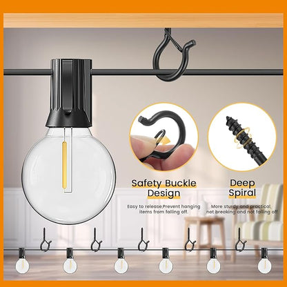 50 PCS Q-Hanger Hooks with Safety Buckle, Windproof Screw Wall Ceiling Hooks for Outdoor String Lights Hanging Christmas Lights, Plants, with 1 Wing Nut Driver (Black, 50 Pack)