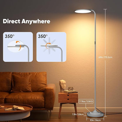 36W LED Floor Lamp, Super Bright Standing Lamp, Modern Stepless Dimmable Torchiere Tall Lamp with Remote Control, 350°Rotating Head Reading Floor Lamp for Living Room, Bedroom, Office