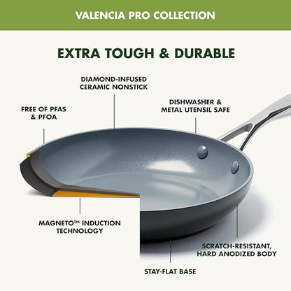 GreenPan Valencia Pro Ceramic Nonstick 8" 9.5" & 11" Fry Pan Skillet Set, Hard Anodized PFAS-Free, Induction Ready, Compatible on All Cooktops, Dishwasher Safe, Oven Safe to 600F, Gray