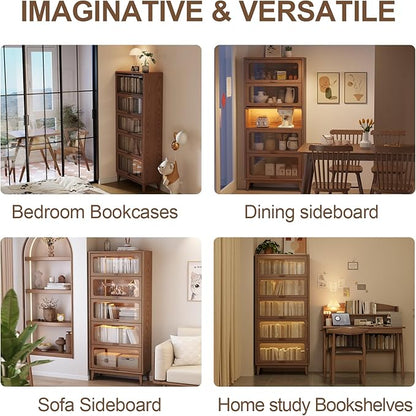 AQIMUELE 5 Tier Wood Bookcase Cabinet with Glass Doors 72 inch, Display Bookshelf,Kitchen Pantry Display Cabinet, Brown Finish Cube Storage Organizer Stand,Save Space for Home Office(No Light Strip)