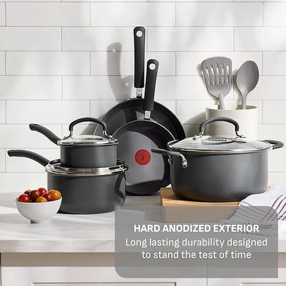 T-Fal Ultimate Hard Anodized Nonstick 10 Piece Cookware Set, Oven Safe Up to 400°F, Dishwasher Safe, Pots and Pans Set, Includes Frying Pans, Saucepan, Stockpot, Cooking Utensils, Grey