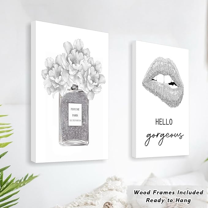 Glam Gray Fashion Wall Decor, FRAMED Woman Makeup Room Wall Art, Fashion Silver Girly Beauty Room Picture Wall Decor for Office Bedroom Bathroom, Watercolor Perfume Handbags High Heels Lipstick Wall Paintings, Ready to Hang (Set of 6, 12x16 in, Framed)