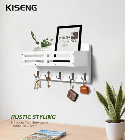 Key Holder Wall Mount Farmhouse Key Hooks for Wall with Mail Organizer Decorative Key Rack with 5 Sturdy Hooks for Dog Leash, Sunglasses, Rustic, Paulownia Key Hanger for Entryway