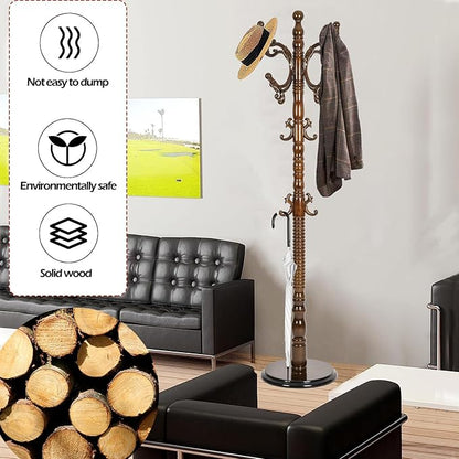 Coat Racks Free Standing with 14 Hooks, Natural Wood Coat Stands for Entryway, Adjustable Height 73 in Tree Coat Rack Stand for Hallway Home Office Bedroom (Antique)