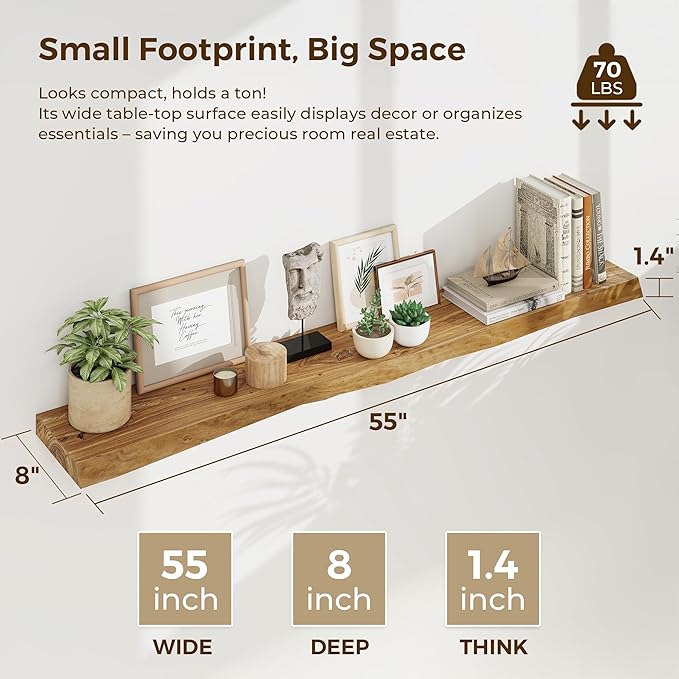 55 Inch Floating Shelves for Wall, Solid Elm Wood Live Edge Wall Shelf for Home Decor, 8 Inch Deep Floating Shelf, 55 x 8 Wooden Shelves for Bathroom Living Room Kitchen, Natural Color, Set of 1