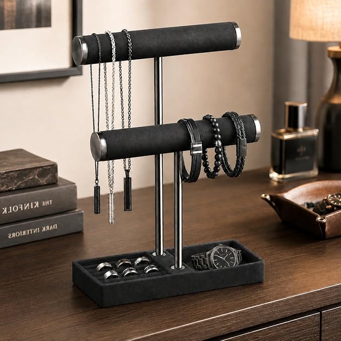 bussdis 2 Tier Bracelet Holder Display - Detachable T Bar Black Velvet Bracelet Holder, Jewelry Holder Organizer for Bracelet, Necklace, Earrings, Rings