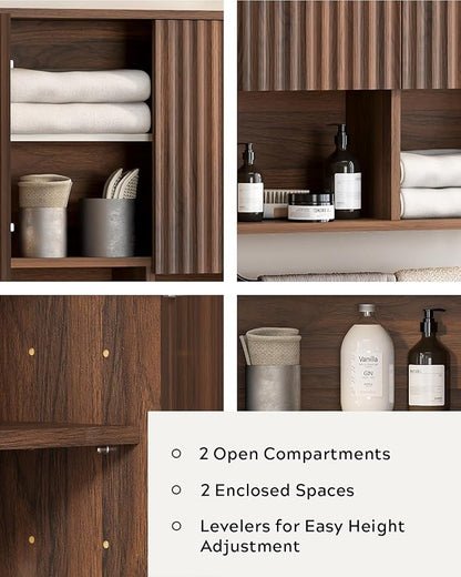 Fluted Wall Cabinets with Doors and Shelves Set of 2, Modern Medicine Cabinet Bathroom Adjustable Shelf Towel Rack Wood Storage Cabinet for Kitchen Dining Room Living Room, Brown