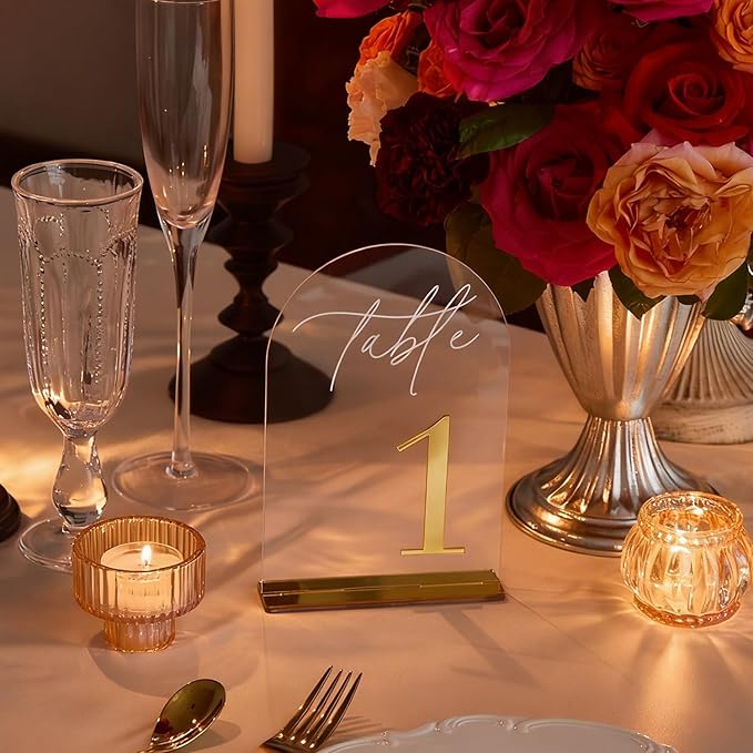Crystal Clear Acrylic Wedding Table Numbers 1-30 Set, Self-Standing Modern Arched Signs for Reception Seating, Anniversary & Bridal Shower, Elegant Wedding Decor (5x7 Inches)