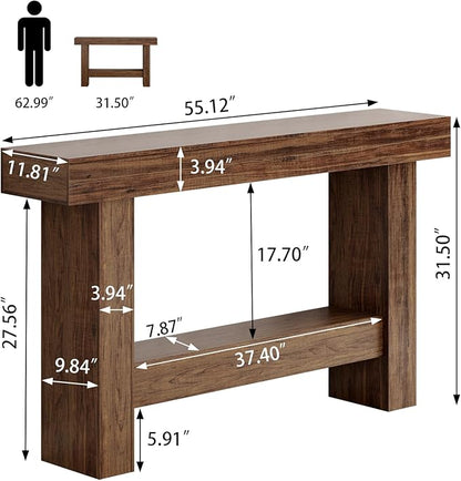 55 Inch Farmhouse Console Table,Wooden Rectangular Sofa Table Behind The Couch,Industrial Entryway Tables with Storage for Living Room,Entrance,Hallway (Brown)
