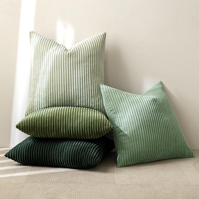 MIULEE Boho Farmhouse Sage Green Throw Pillow Covers 18x18 Inch Set of 4 Mordern Nordic Cushion Covers Soft Corduroy Spring Home Decor for Couch Bed Sofa Living Room Forest Green (Pack of 2)