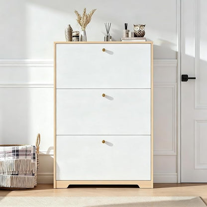 Nicetree Shoe Cabinet with 3 Flip Drawers，Freestanding Shoe Storage Cabinet, Narrow Shoe Organizer Cabinet, Farmhouse Slim Shoe Rack Cabinet for Entryway, Natural Oak and White with Hook