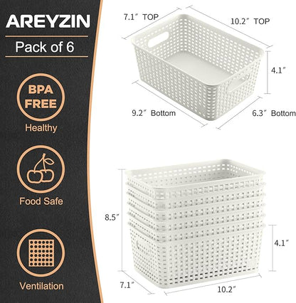 Plastic Storage Baskets Set of 6 Sturdy Pantry Organizers and Storage Bins Storage Container for Shelves, Countertops, Desktops, Cabinets, Bedrooms,White