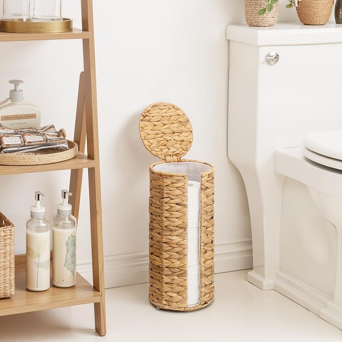 StorageWorks Water Hyacinth Free Standing Toilet Paper Holder Stand for Bathroom, 3 Rolls of Toilet Tissue Storage with a Built-in Cloth Lining, Toilet Roll Holder Stand with Lid