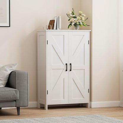 Homleke Farmhouse Bathroom Cabinet with Adjustable Shelves, Free-Standing Storage Cabinet with Barn Doors, for Kitchen, Living Room, Dining Room, Entryway, White