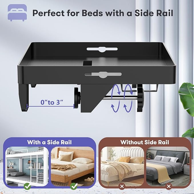 Bedside Shelf, Bunk Bed Table Shelf for Top Bunk, Black Clip On Nightstand with Removable Cup Holder&Power Strip Holder,Bunk Bed Tray for Dorm Bed&Loft Bed,College Dorm Room Essential(Updated Version)