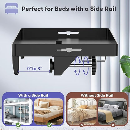 Bedside Shelf, Bunk Bed Table Shelf for Top Bunk, Black Clip On Nightstand with Removable Cup Holder&Power Strip Holder,Bunk Bed Tray for Dorm Bed&Loft Bed,College Dorm Room Essential(Updated Version)