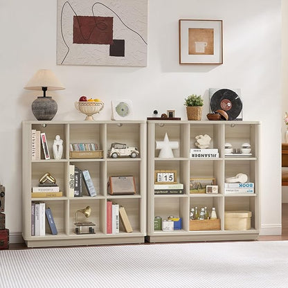 9 Cube Storage Book Shelf, 41" Tall Organizer Bookcase with Curved Edge, Wood Floor Standing 3-Tier Cubby Bookshelf with Base, Vintage Display Book Case for Bedroom,Office,Grey-White Cream Oak