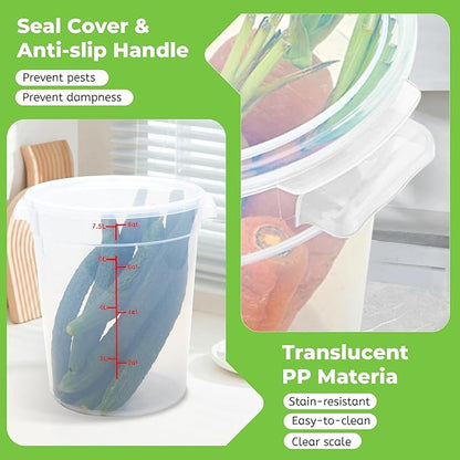 4 Pack Round Food Storage Containers with Lids, 8Qt Translucent Commercial Food Container, Polypropylene, BPA Free, Includes Labels & Measuring Cups