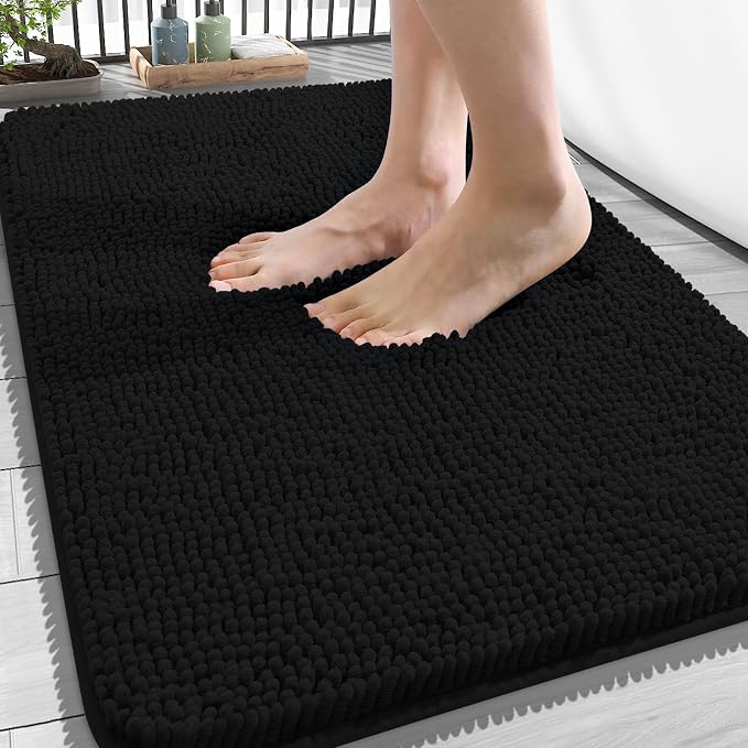 OLANLY Bathroom Rugs 34x21, Extra Soft Absorbent Chenille Bath Rugs, Rubber Backing Quick Dry, Machine Washable Bath Mats for Bathroom Floor, Tub and Shower, Home Decor Accessories, Black