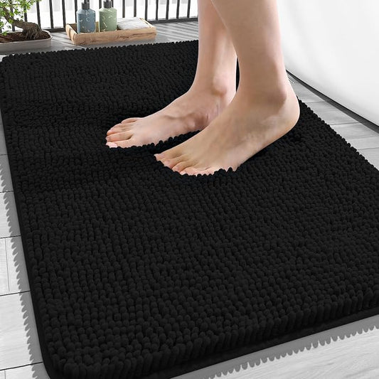 OLANLY Bathroom Rugs 34x21, Extra Soft Absorbent Chenille Bath Rugs, Rubber Backing Quick Dry, Machine Washable Bath Mats for Bathroom Floor, Tub and Shower, Home Decor Accessories, Black