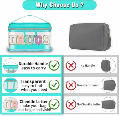 Chenille Letter Clear Makeup Bags Drugs Pouch, Preppy Patch Makeup Bag Zipper with Handle, Transparent PVC & Nylon Waterproof Glitter Cosmetic Handbag Travel Toiletry Storage for Women (DRUGS-Green)