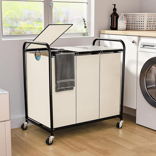180L (47.55 Gal) Laundry Sorter 3 Section, Rolling Laundry Basket with Lockable Wheels and Lid, Laundry Hamper with 3 Separated Removable Bags Dirty Clothes Hamper for Laundry Room Organizer, White