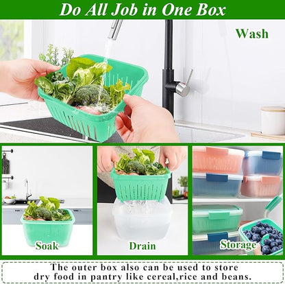 50oz Berry Keeper Fruit Storage Container for Fridge, Fresh Food Produce Saver Containers with Removable Drain Colander, Vegetable Lettuce Keeper Bowl, Refrigerator Organizer, PRESS TO OPEN CLOSE LID