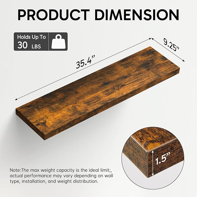 BAYKA Floating Shelves Set of 2, 35.4 inches Long Wall Mounted Rustic Wood Shelves for Bathroom, Bedroom, Living Room, Kitchen, Office, Hanging Shelf for Books/Storage/Decor, Rustic Brown