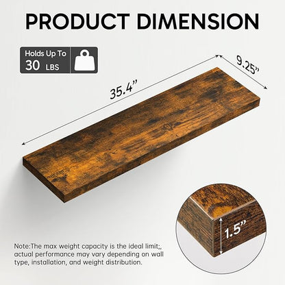BAYKA Floating Shelves Set of 2, 35.4 inches Long Wall Mounted Rustic Wood Shelves for Bathroom, Bedroom, Living Room, Kitchen, Office, Hanging Shelf for Books/Storage/Decor, Rustic Brown