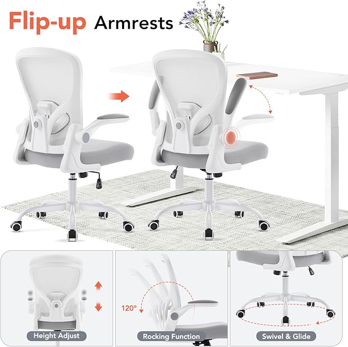 Ergonomic Office Chair, Computer Desk Chair with Adjustable Lumbar Support and Flip-up Armrests, Rocking Function, Comfy Mesh Office Desk Chair for Home Office, Grey
