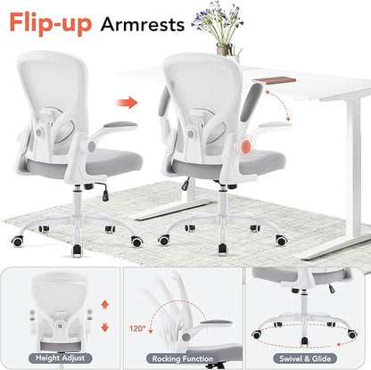 Ergonomic Office Chair, Computer Desk Chair with Adjustable Lumbar Support and Flip-up Armrests, Rocking Function, Comfy Mesh Office Desk Chair for Home Office, Grey