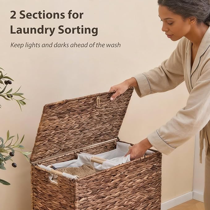 Large Laundry Hamper with Lid, Handwoven Natural Water Hyacinth Heightened Feet Laundry Basket, 2-Sections Wicker Clothes Hamper with Removable Liner Bag (Espresso, 120L)