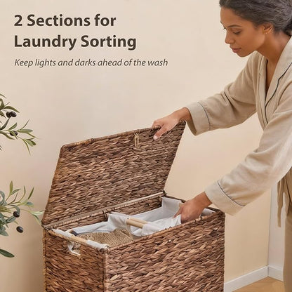 Large Laundry Hamper with Lid, Handwoven Natural Water Hyacinth Heightened Feet Laundry Basket, 2-Sections Wicker Clothes Hamper with Removable Liner Bag (Espresso, 120L)